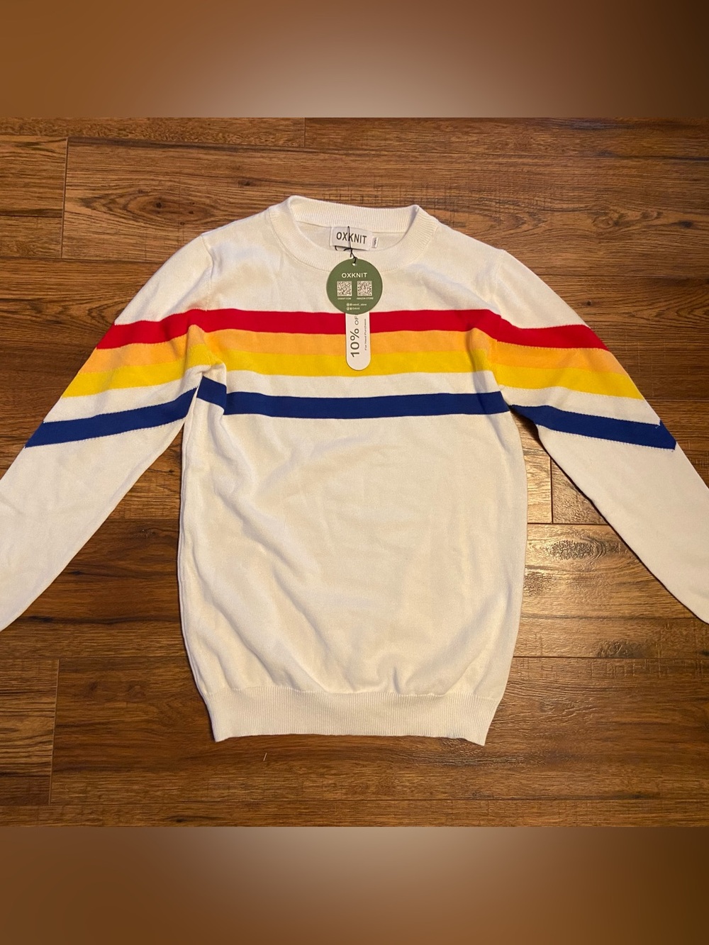 NWT Oxknit WOMEN'S WHITE VINTAGE STRIPED COLORED JACQUARD Small Sweater Rainbow